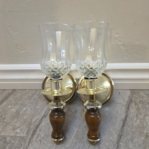 Vintage HOMCO wooden brass Sconce Peg Votive Glass Candle Holder Set Of 2